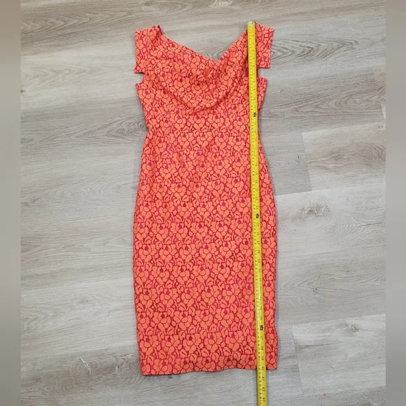 Black Halo Jackie-O Cotton Blend Raschel Lace Orange Pink Pencil Midi Dress Sz 2